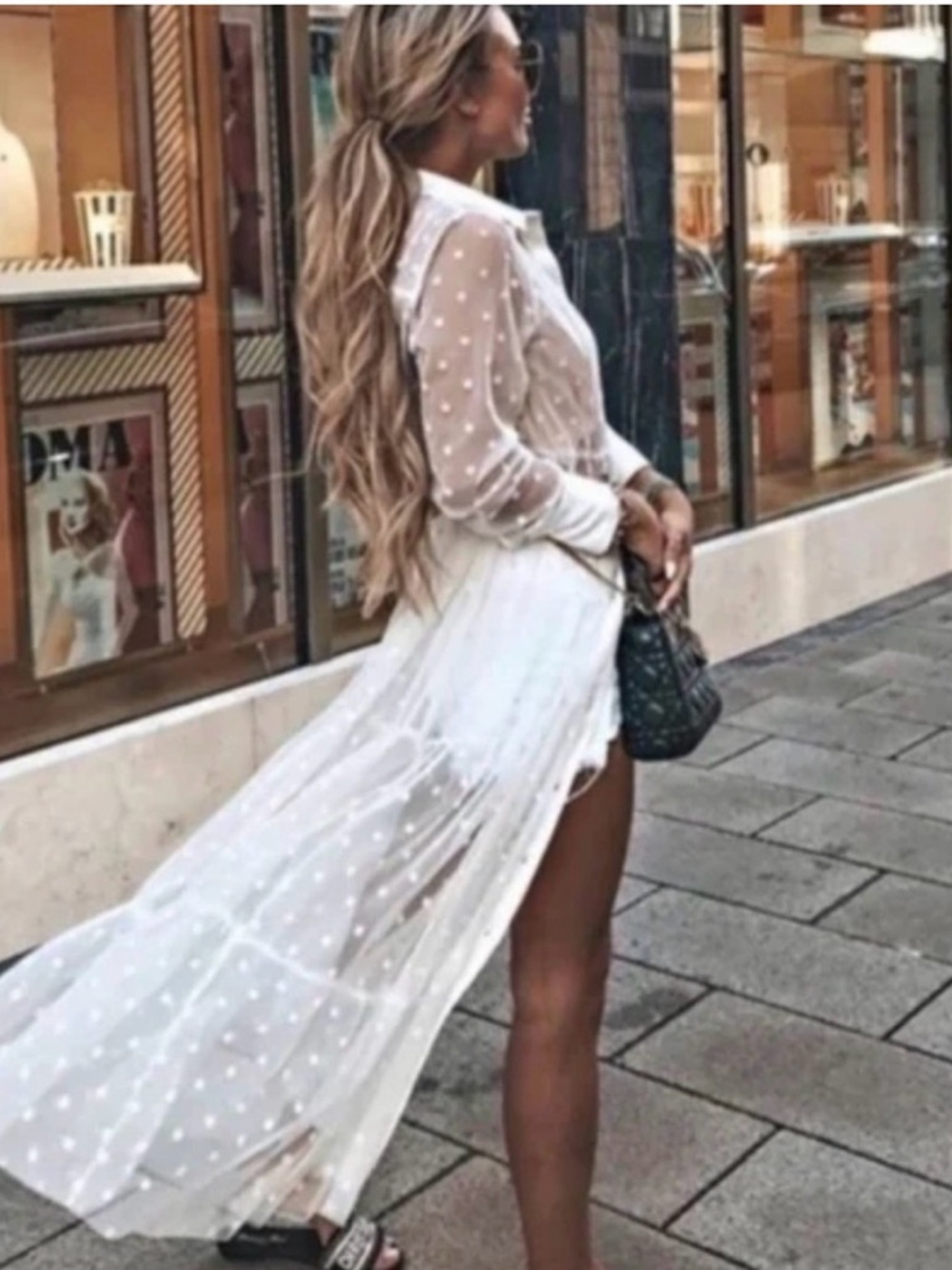 Zara NWT Sheer White Polka Dot Longline Shirt Dress Size M.